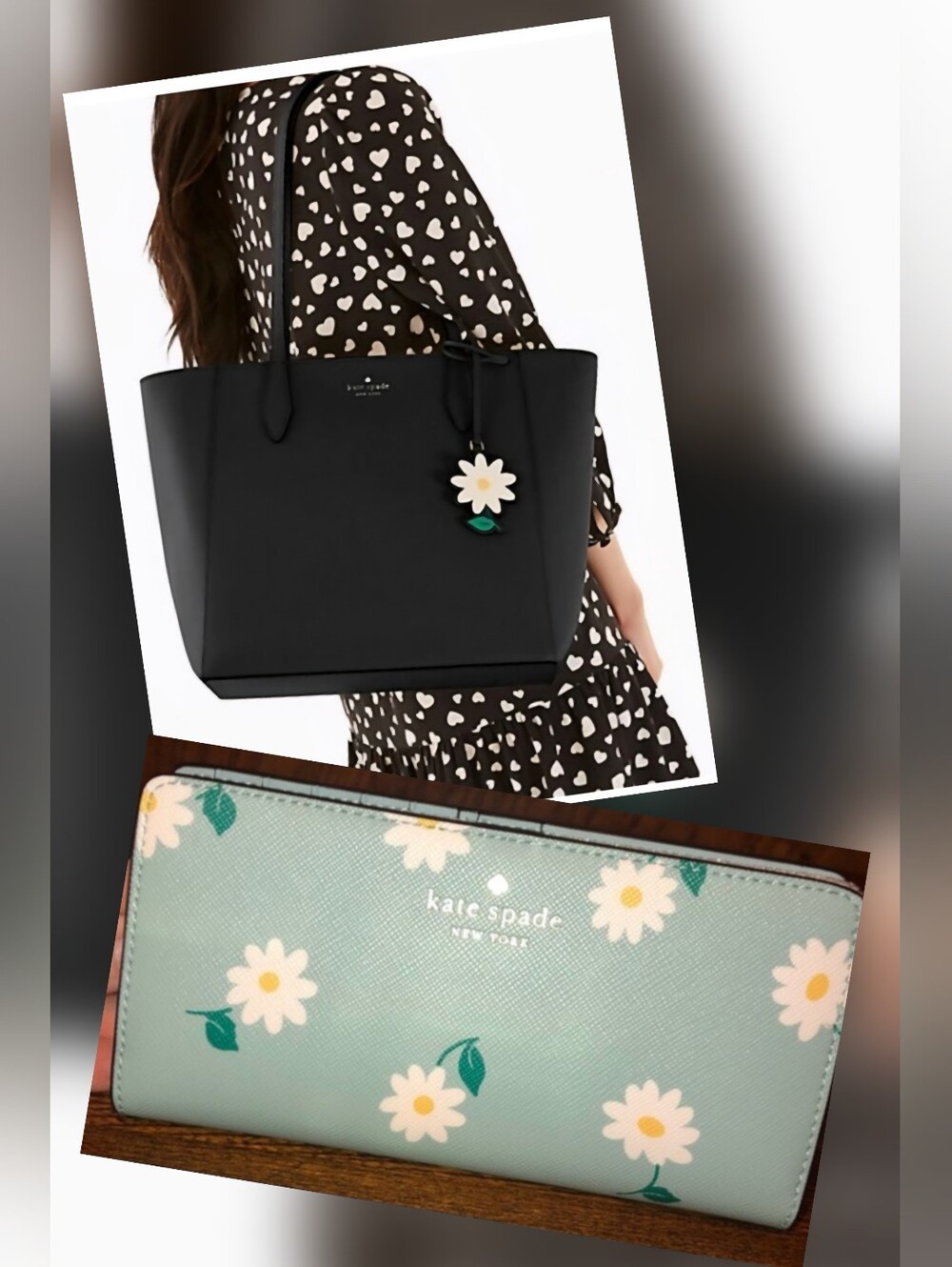 kate spade Black Tote with Daisy Charm and Mint Floral Wallet
